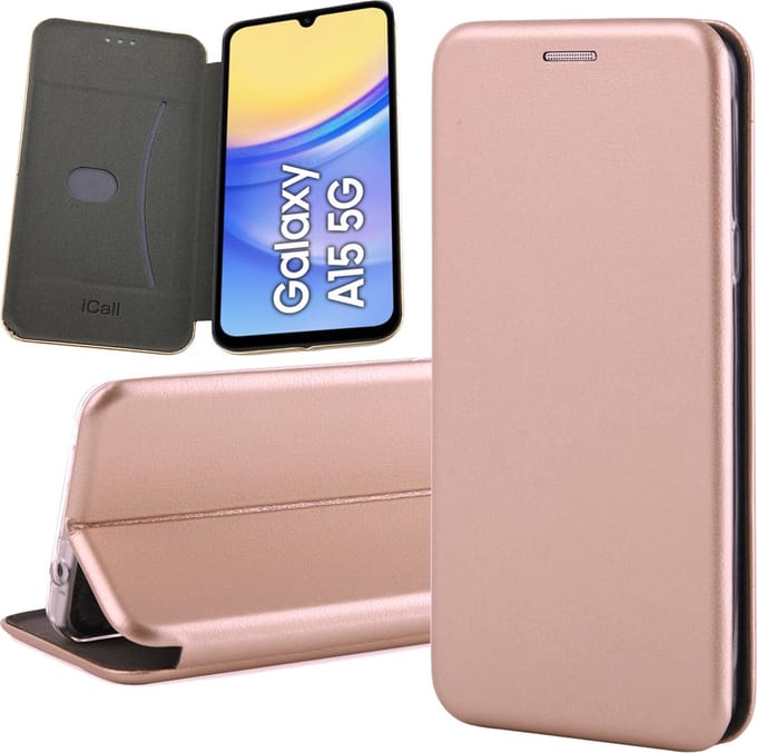 Hoesje geschikt voor Samsung Galaxy A15 - Screenprotector Glas & Camera - Wallet Book Case Rosegoud