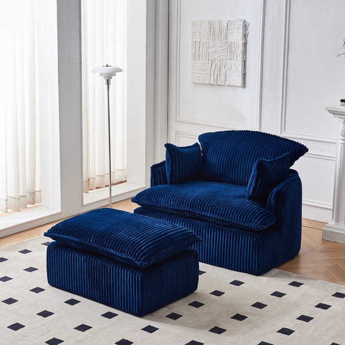 MODFU Fauteuil Met Hocker - Gecomprimeerd Ontwerp - Modern Vintage - Voor Woonkamer - Flanel - Blauw