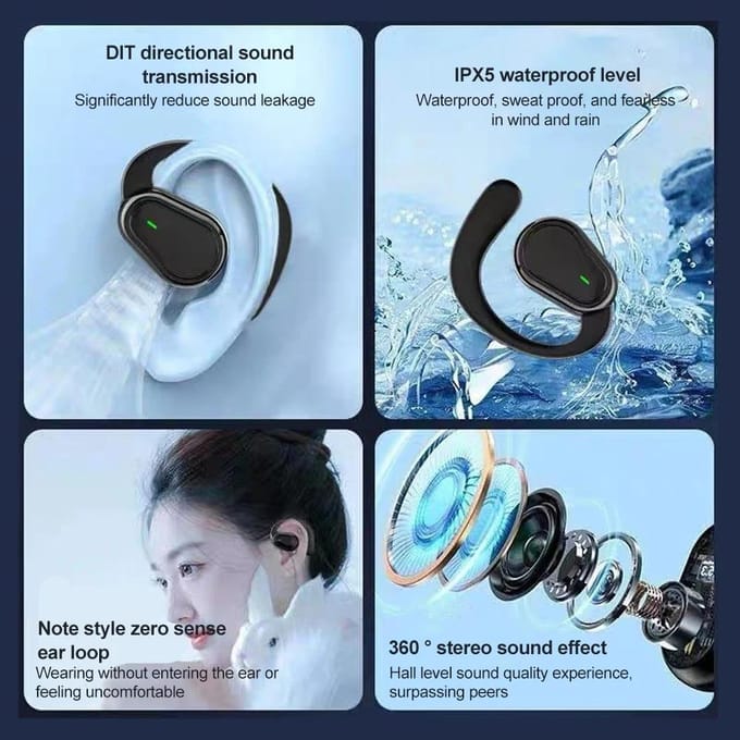 Bluetooth 5.3 Koptelefoon Oorhaak Oortelefoons Draadloze Oortelefoons HiFi Stereo Waterdichte Headsets Ruisonderdrukkende Oordopjes black