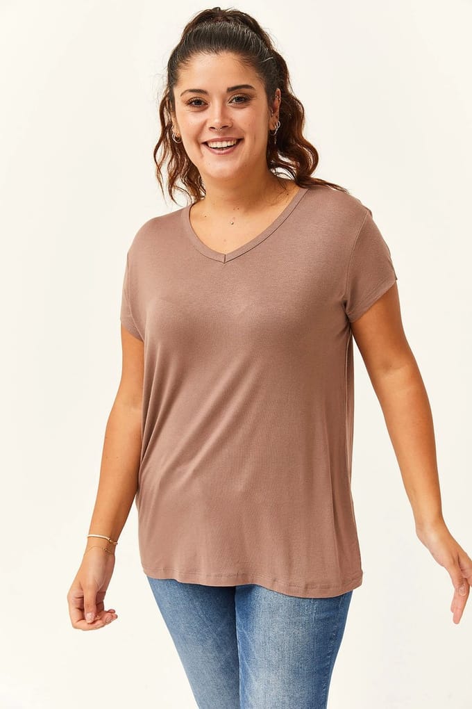Dames Large T-Shirt - V-Hals Basic Kortemouw, Mink Maat L