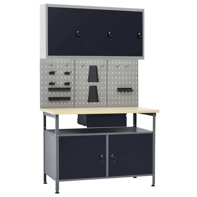 vidaXL - Werkbank - met - drie - wandpanelen - en - een - kast