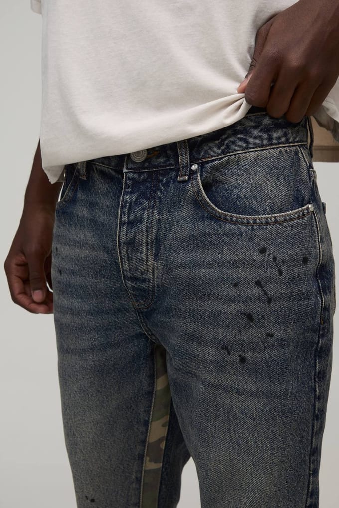 Gewassen Camo Gusset Gestapelde Wijduitlopende Jeans | Mid Wash | Size 36R