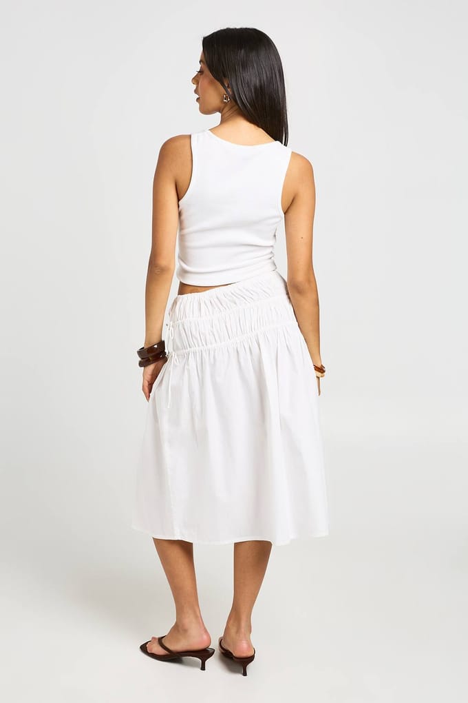 boohoo Dames Poplin Midirok Met Gerimpelde Taille | Wit | Maat: 42