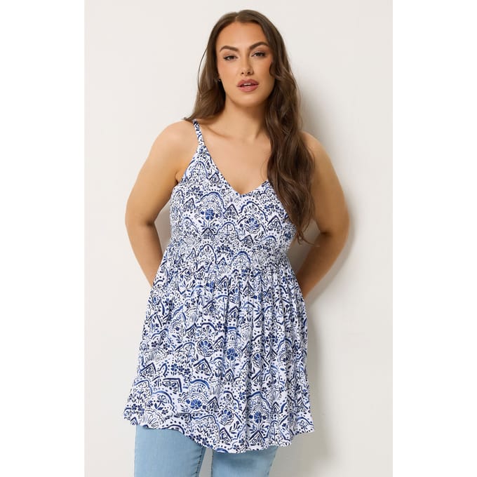 Yours Blauwe Gesmokte Cami Top Met Abstracte Print Size 44