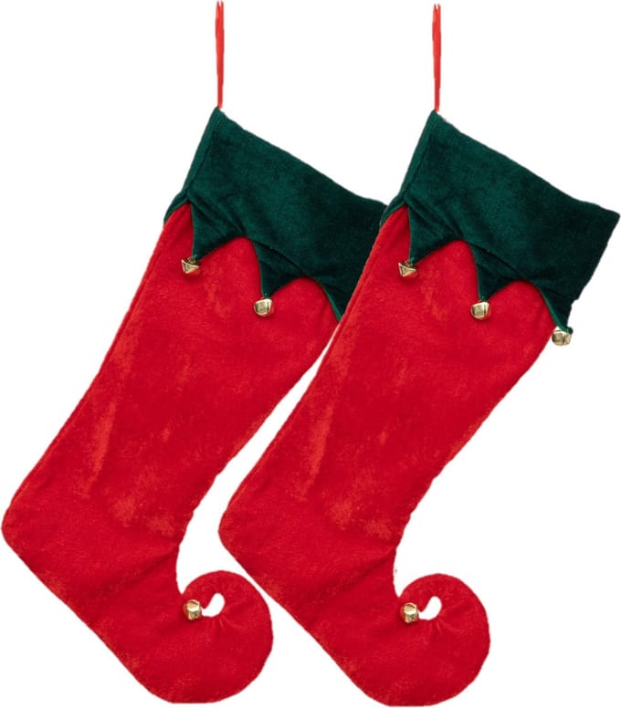 Feeric Christmas decoratie kerstsok - 2x st - elf laars - H45 cm - rood - vilt