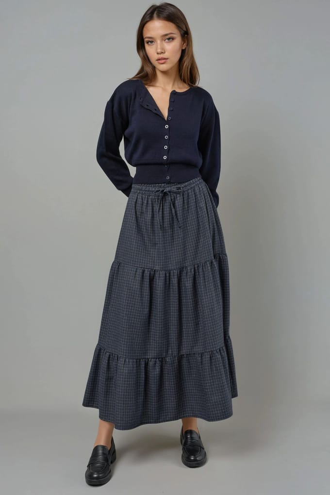 Elastische Taille Gecontroleerde Geknoopte Laagjes Maxi Rok