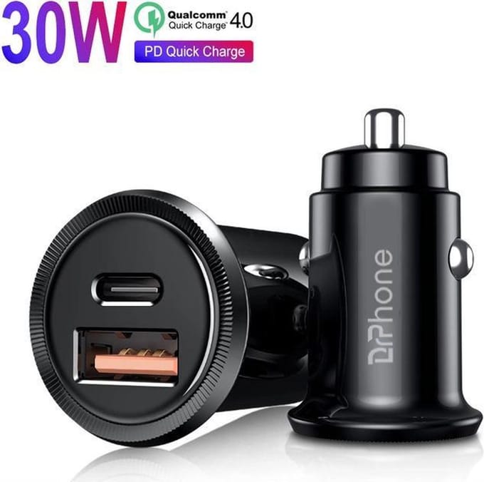 DrPhone® Autolader – Qualcomm 4.0 Snellader - 30W - USB-C met PD (power delivery) 3.0 Quick Charge – Zwart