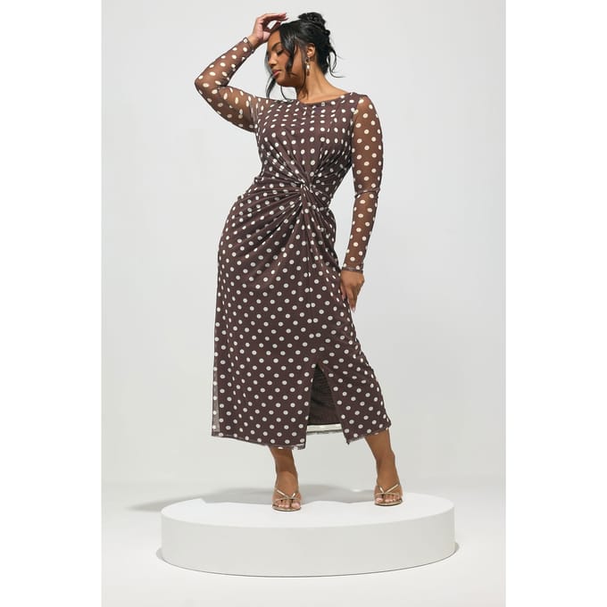 Yours London Chocoladebruine Jurk Met Polkastippen En Knoop Size Regular > 48