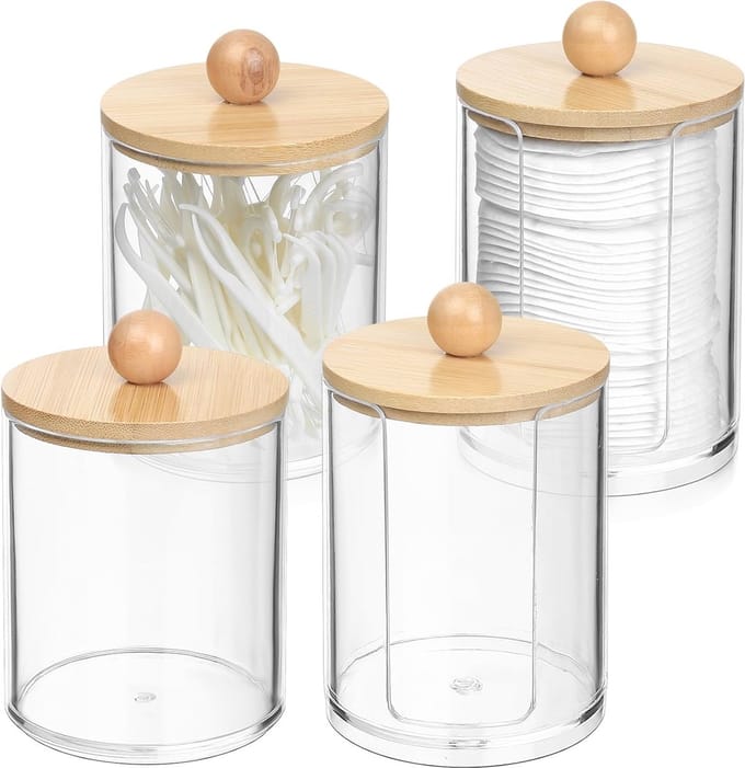 Wattenstaafjeshouder en Dispenser Set - 4 Stuks Acryl en Bamboe voor Make-up en Badkamer