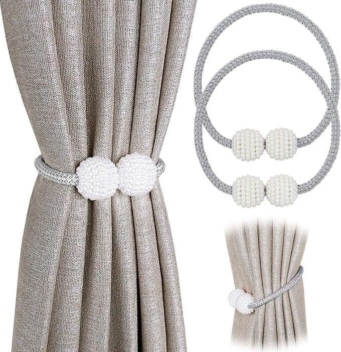 4 stuks Magnetic Curtain Tiebacks Convenient Draping Binding Wires- Pearl Decorative Rope Holdback Holder for Small, Thin or Pure Window Covering (Grey)