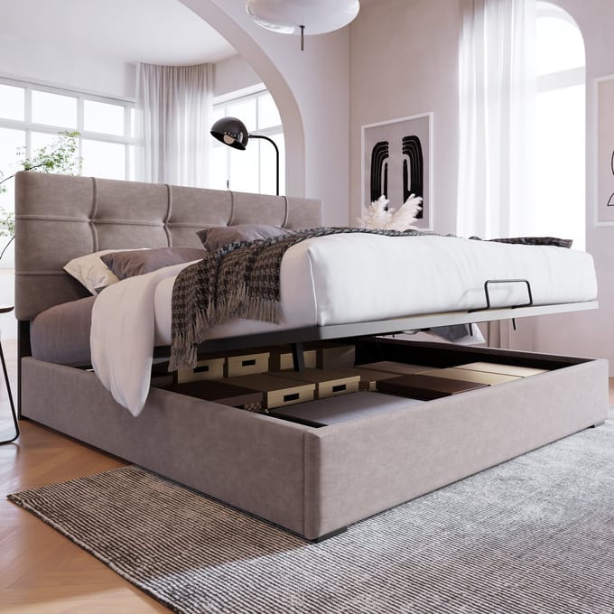 MODFU Bedframe 140x200 cm – Lichtgrijs fluweel met verstelbaar hoofdbord & hydraulisch