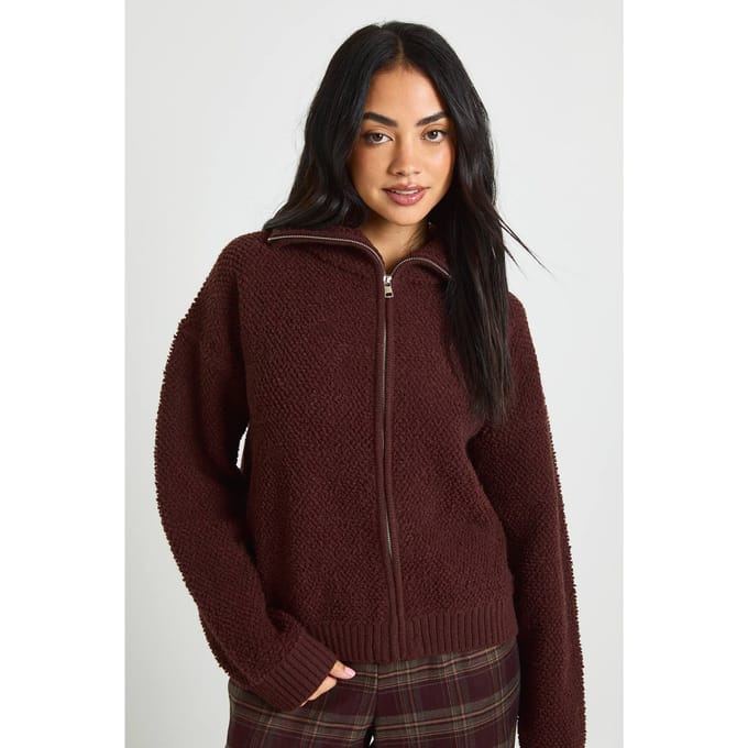 boohoo Dames Chunky boucle gebreide trui met ritssluiting | Chocolate | Maat: Small