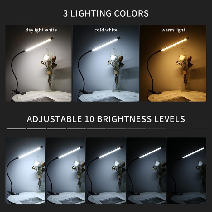 LED's Clip-on bureaulamp Dimbare leeslamp 3 verlichtingsmodi en 10 helderheidsniveaus Flexibel zwart