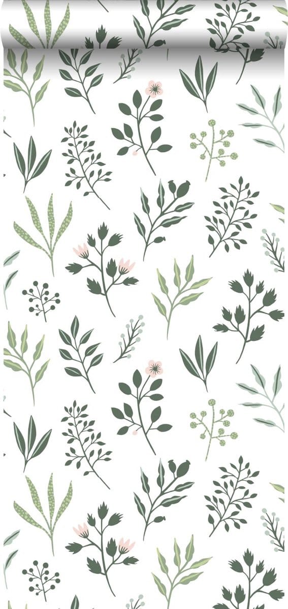 Walls4You behang veldbloemen groen en wit - 935320 - 0,53 x 10,05 m