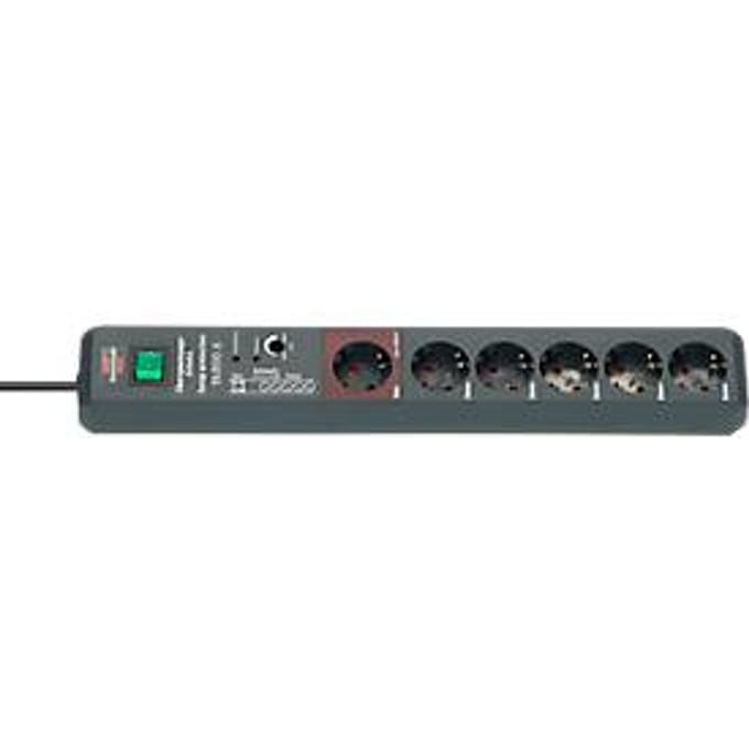 Brennenstuhl Secure-Tec 6-voudige contactdoosstrook, veiligheidsschakelaar, automatisch schakelsysteem, overspanningsbeveiliging tot 19.500 A, 3 m kabel, L 485 x B 65 x D 105 mm, antraciet