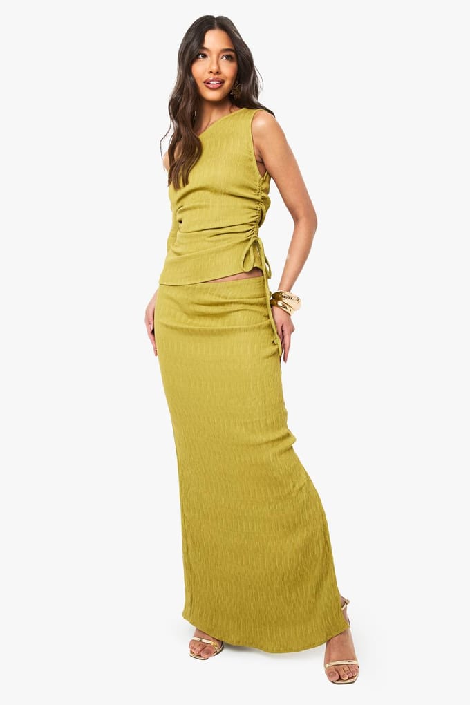 boohoo Dames Getextureerde geplooide maxi-rok | Olive | Maat: 8