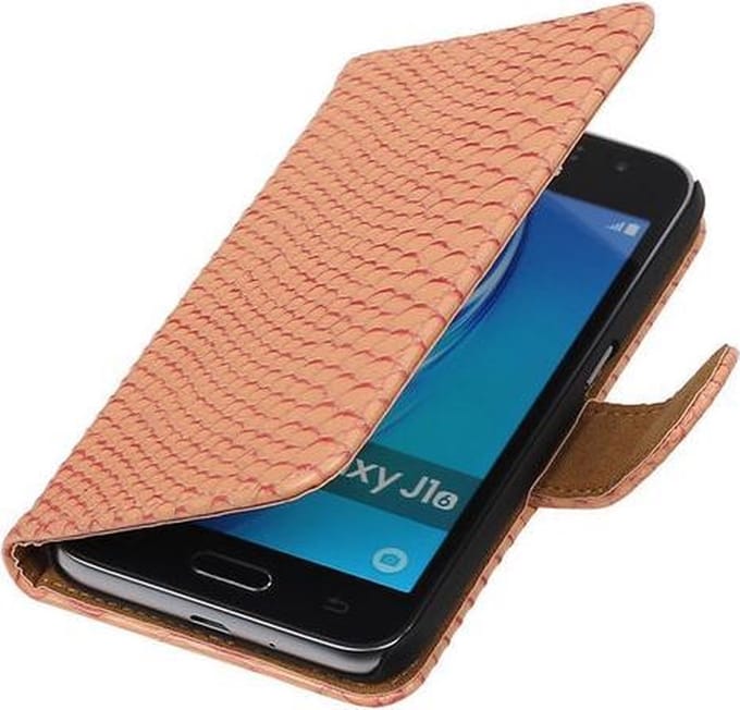 Roze Slang booktype cover hoesje voor Samsung Galaxy J1 (2016)