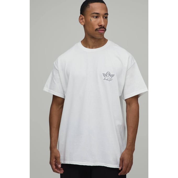 Oversized T-shirt Met Geborduurd Engelenmotief | White | Size Small
