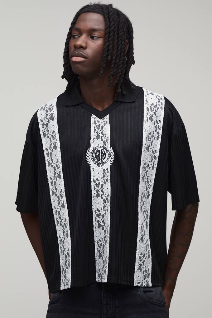 Oversized Boxy Gestreepte Top Met Kanten Paneel In Voetbalstijl | Black | Size Small