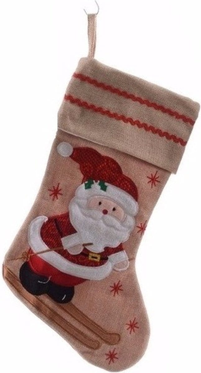 Decoris kerst sok met kerstman - bruin - jute - H45 cm - kerstversiering - kerstdecoratie