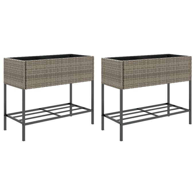 vidaXL - Plantenbakken - met - schap - 2 - st - 90x40x75 - poly - rattan - grijs