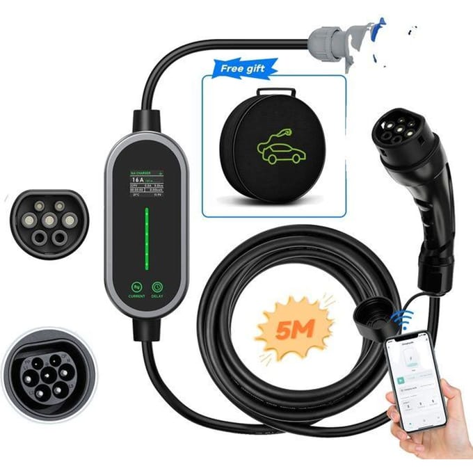 Draagbare EV-oplader, 7,2 kW Vermogen, Slimme Bediening via APP Wi-Fi, 5m type 2