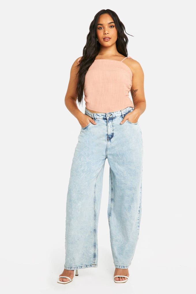 boohoo Dames Plus Linen Look Geraffelde Tie-Schouder Top | Roest | Maat: 52