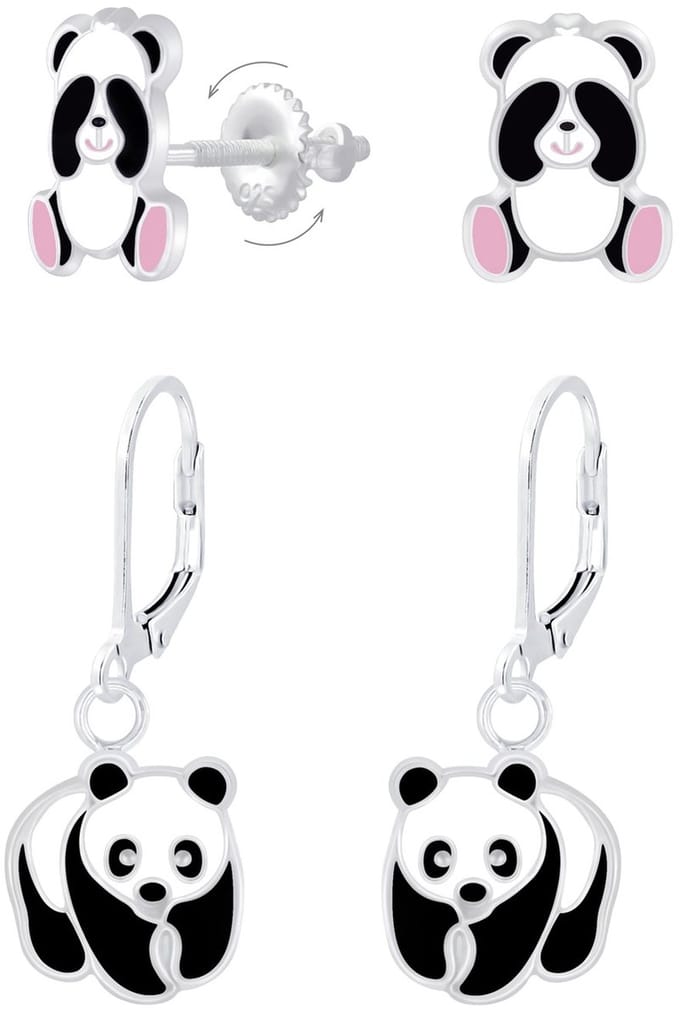 Joy|S - Zilveren Panda oorbellen set - 2 paar - leverback sluiting - screwback sluiting
