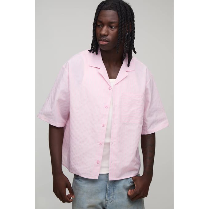 Oversized Overhemd Met Korte Mouwen, Reverskraag En Streeppatroon | Pink | Size 2XL