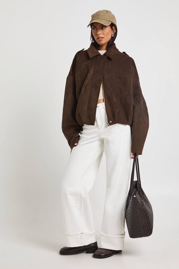 boohoo Dames Suede Bubble Zoom Bomber Jacket | Chocoladebruin | Maat: 40