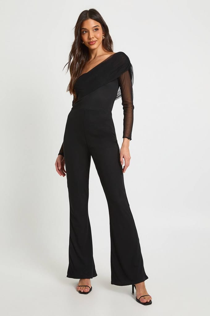 boohoo Dames Mesh Asymmetrische Bardot Jumpsuit | Black | Maat: 8