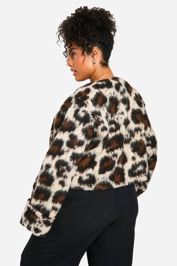 boohoo Dames Plus Luipaard Kraagloze Wollen Jas | Leopard | Maat: 18