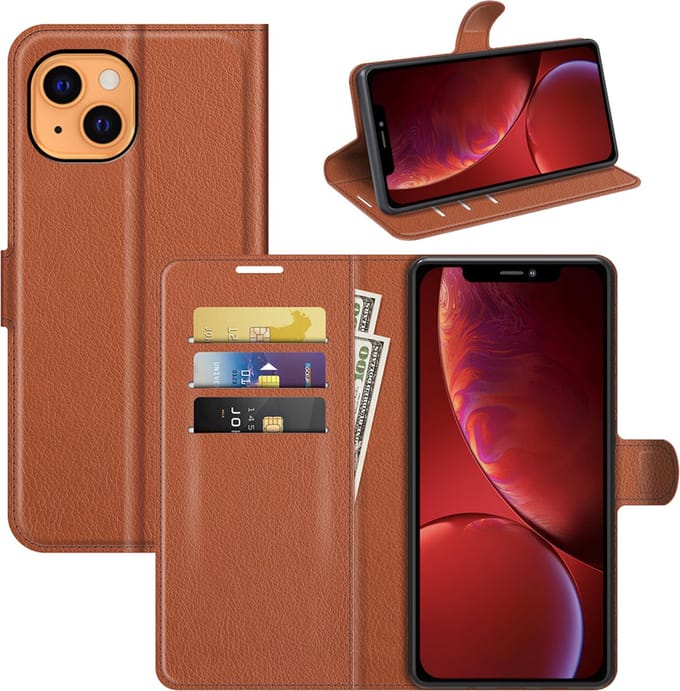 MobyDefend Hoesje - Geschikt voor iPhone 13 - Kunstleren Wallet Book Case (Sluiting Voorkant) - Bruin