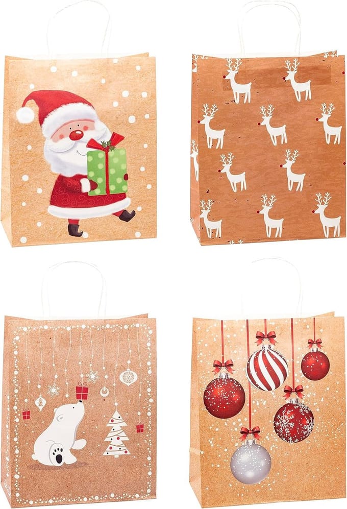 Kerst Kraft Papier Cadeauzakjes - 12 Stuks Groot (32x26x12cm)