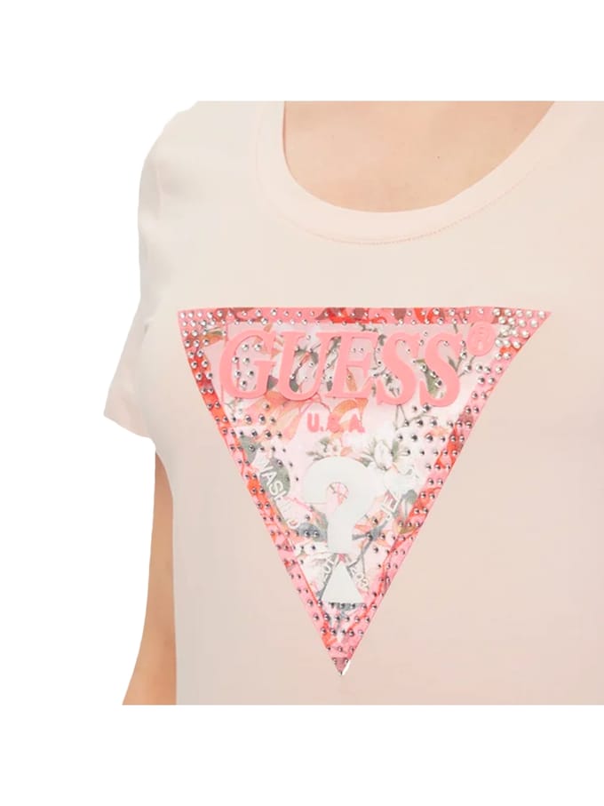 Guess SS RN Satin Triangle Tee Dames T-Shirt - Wanna Be Pink - Maat S