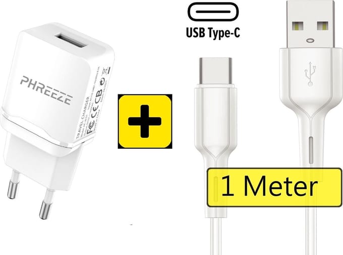 Usb Stekker 5V 1A + usb C naar usb kabel 1M - Telefoon oplader - Universeel