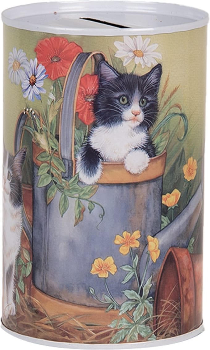 Clayre & Eef Spaarpot Ø 8x13 cm Groen Metaal Kat