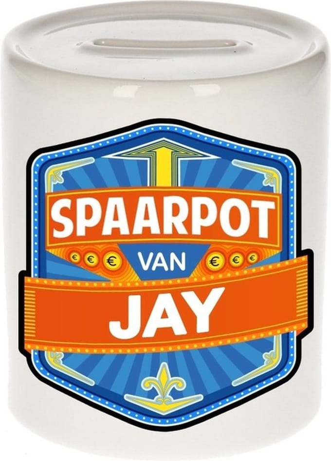 Bellatio Decorations Kinder spaarpot met naam - Jay - keramiek - met dop - wit - Sparen - Spaargeld van Jay