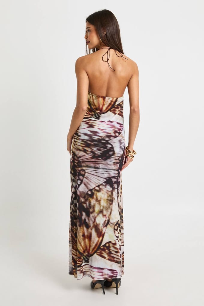 boohoo Dames Abstracte Mesh Cowl Maxi-jurk | Bruin | Maat: 36