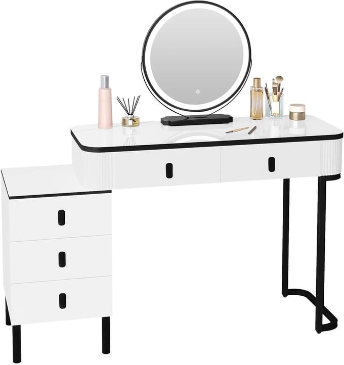 UFTA Kaptafel - Make-Up - Met Spiegel - Instelbare Led Verlichting - USB - 5 Laden - Modern Design - Mobiele Spiegelheid