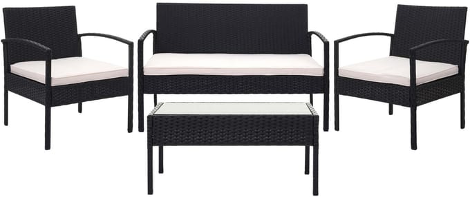 Poly-rattan set MCW-F56, balkon/tuin/lounge set ~ zwart, kussens crème