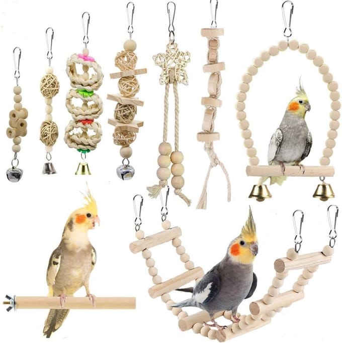 Vogelspeelgoed Set - Vogelkooi Accessoires - Vogels Trainen - 9 Delige Set - Bruin