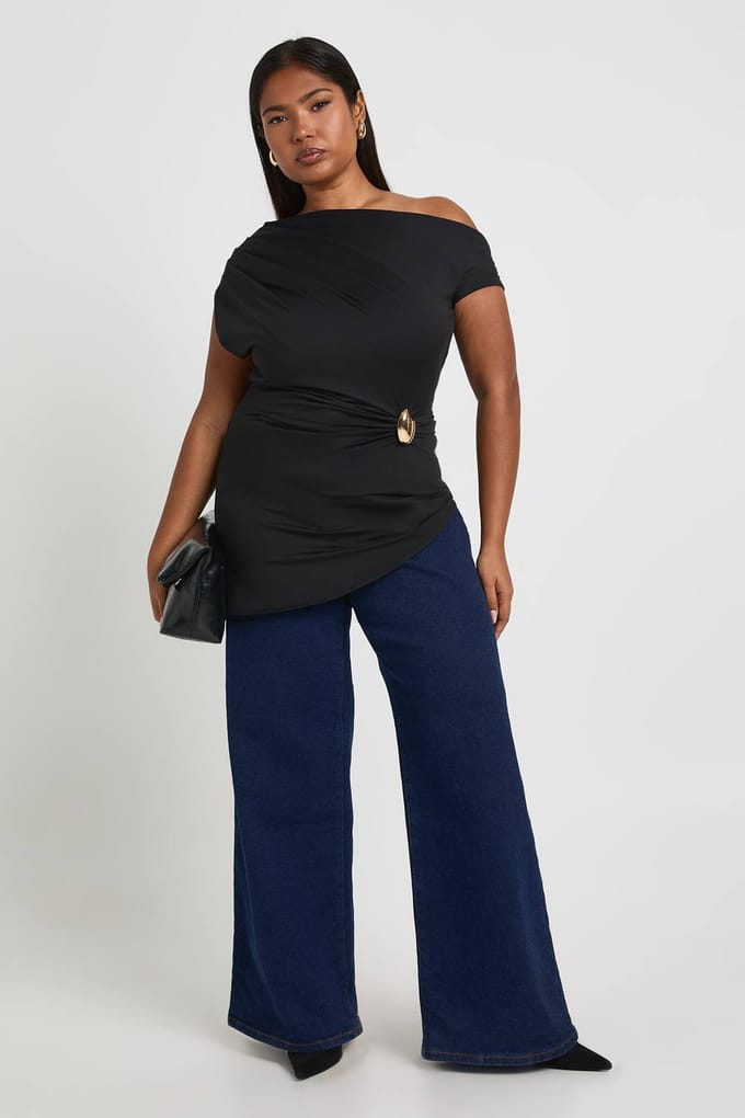 boohoo Dames Plus Gouden Afwerking Schouderloze Top | Zwart | Maat: 46