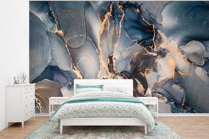 Behang - Fotobehang Marmer - Grijs - Blauw - Luxe - Goud - Breedte 295 cm x hoogte 220 cm
