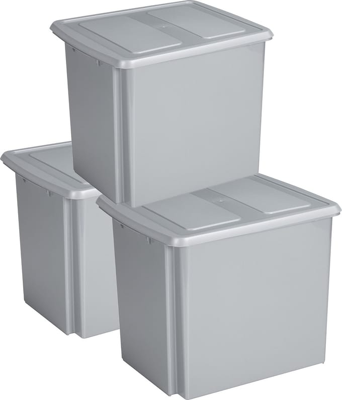 Sunware - Set van 3x opslagboxen - kunststof - 45 liter - lichtgrijs - 45 x 36 x 36 cm - met deksel