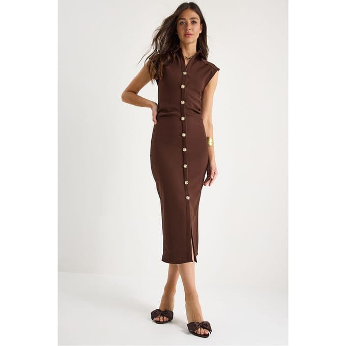 Slim Fit Midi-jurk met Tippet Kraag en Knopenclosing