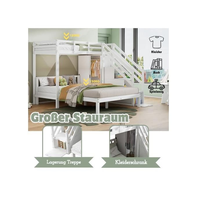 Stapelbed - MUVOE - 90*200 cm + 140*200 cm - Massief hout - Wit - Met kast wit