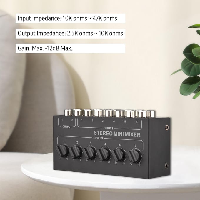 Mini Stereo 6 Kanaals Passieve Mixer RCA Draagbare Audio Mixer 6 In 2 Uit Stereo Distributie Volume zwart