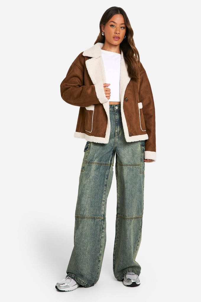 boohoo Dames Lange borg-gevoerde nepsuede jas | Brown | Maat: 6