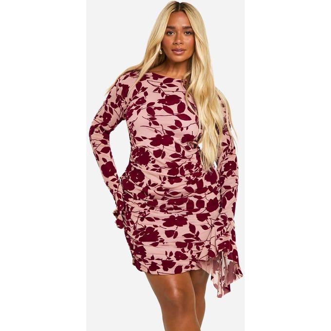 boohoo Dames Plus Devore Geruched Shift Jurk met Uitlopende Mouwen | Plum | Maat: 26
